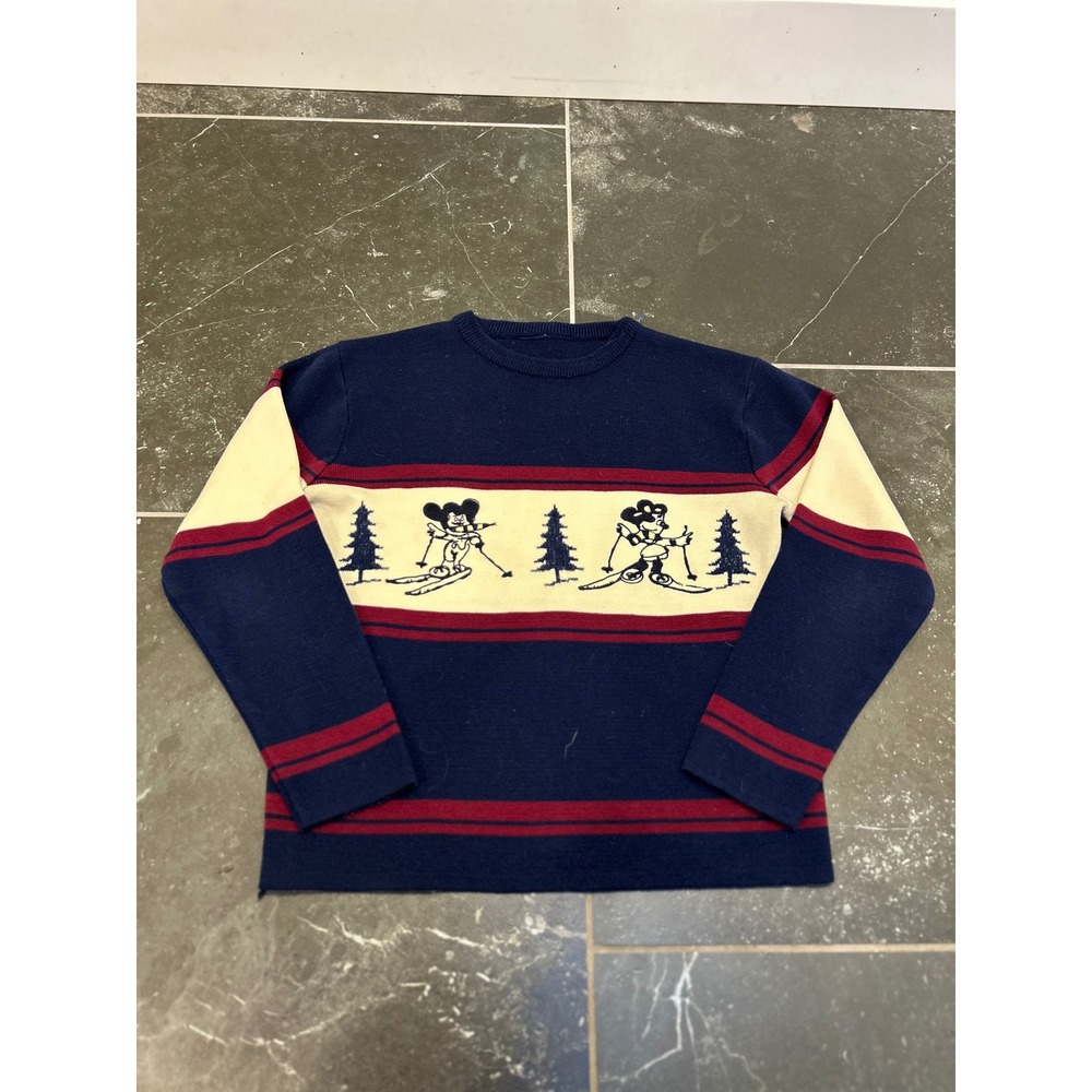 Disney Mickey Mouse Skiing Sweater Mens Navy Blue Red Striped Crewneck Knit